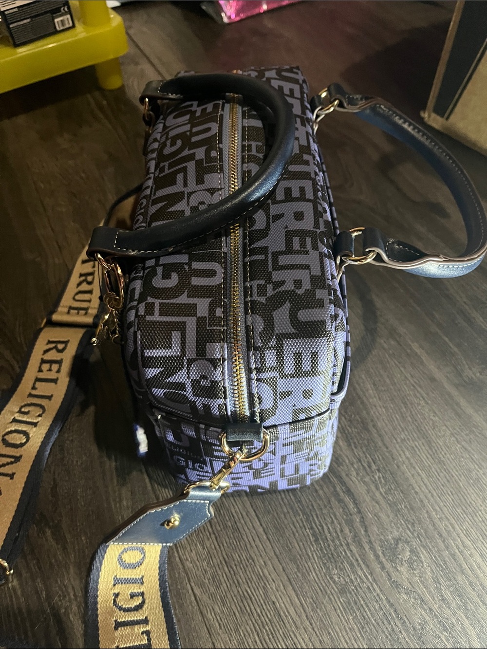 True Religion Navy Logo Satchel with Beige Strap and Patch Charms - Picture 8 of 10